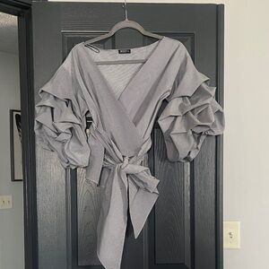 Whyte Gray Wrap Blouse with Statement Ruffle Sleeves